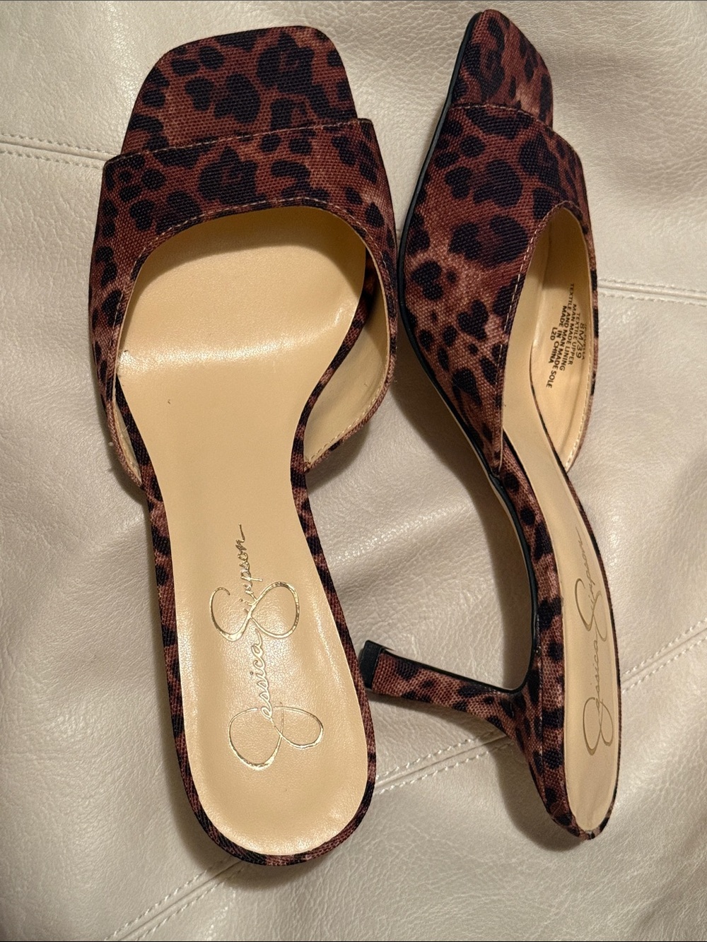Jessica Simpson Leopard Print Open-Toe Mule Heels - Brown/Black